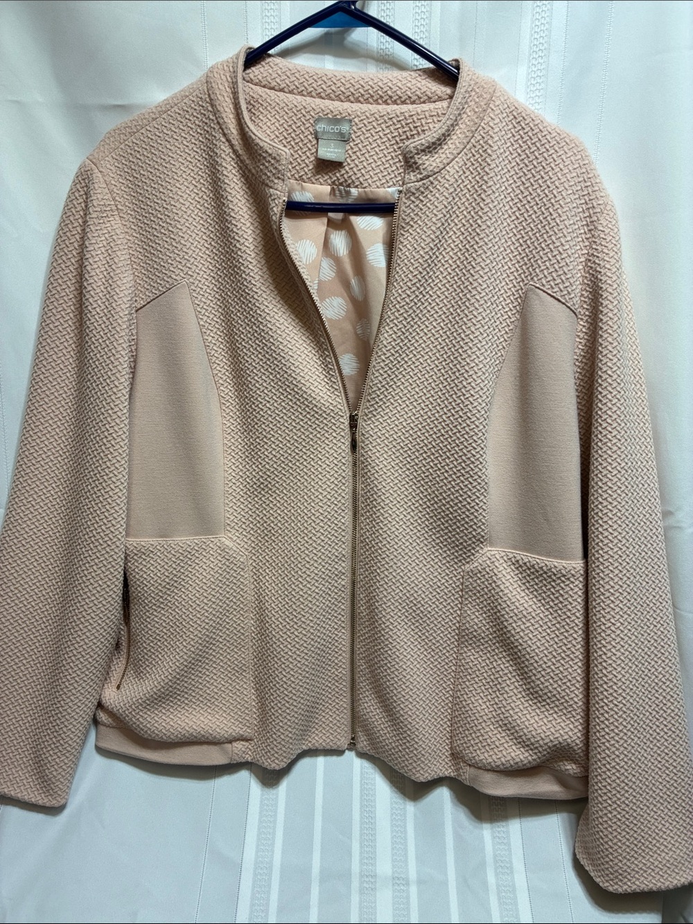 Chico's Women's Light Blush Textured Zip Jacket Chios size 3, XL 16-18